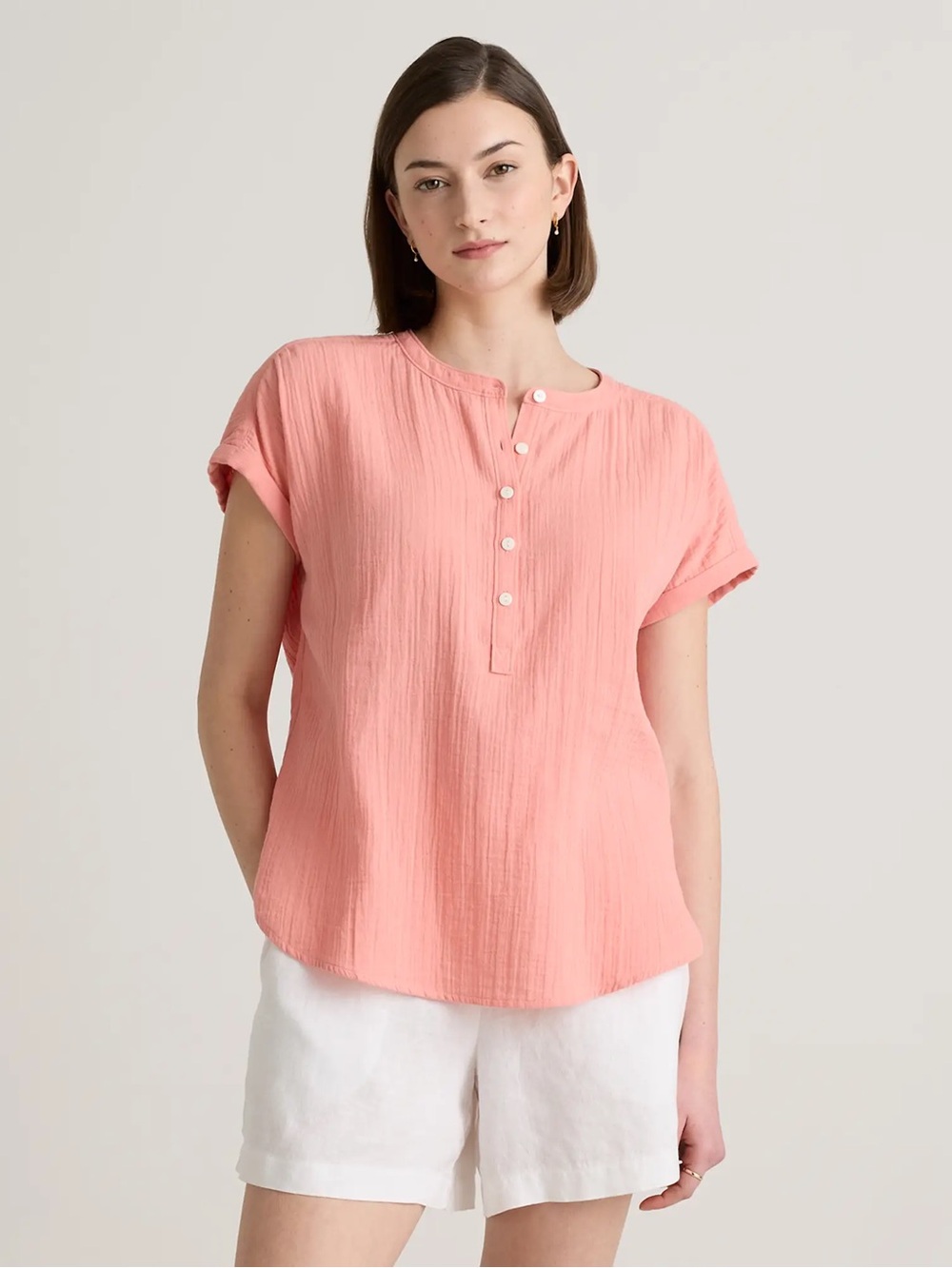NWT! Quince 100% Organic Cotton Gauze Roll Sleeve Shirt medium coral pink